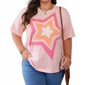 NEW SHEWIN colorblock star applique tee - plus in pink